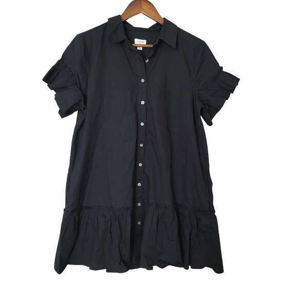 J.Crew Dresses & Skirts - J.Crew Ruffle-Hem Shirt-Dress in Cotton Poplin Womens Size P10 Black Pockets NWT